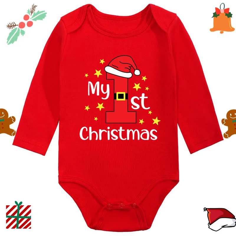 Benim İlk Noel Bebek Bodysuit Bebek Bebek Kırmızı % 100% Pamuk Noel Uzun Kollu Romper Yürümeye Başlayan Erkek Kız Yeni Yıl Giysileri