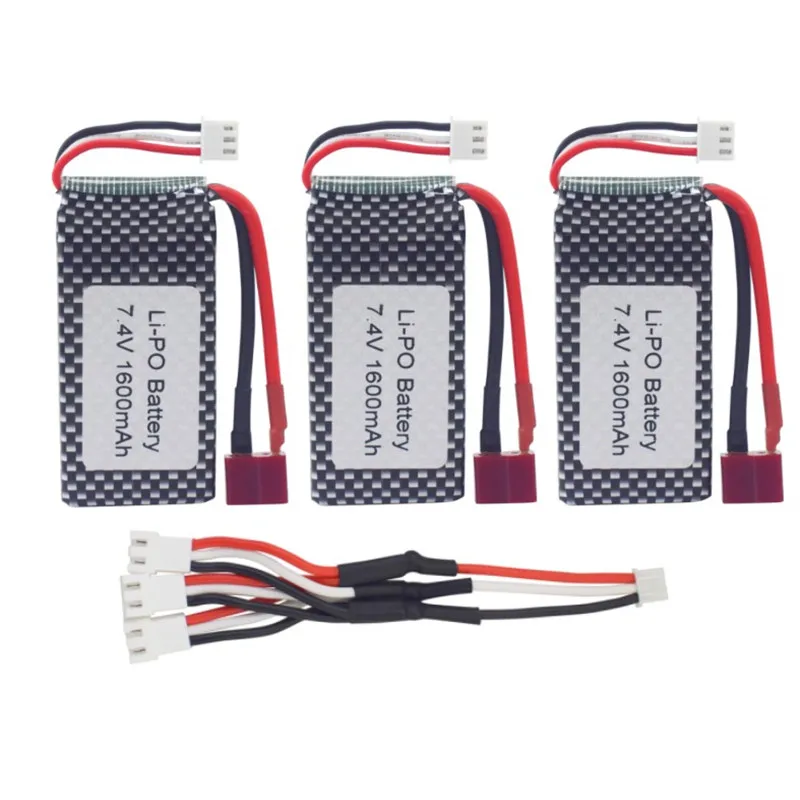 3PCS 7.4V 1600mah T-head high-rate lithium battery with 1 To 3 charging cable for 9125 25-DJ02 S920 S921 1:10 accessories