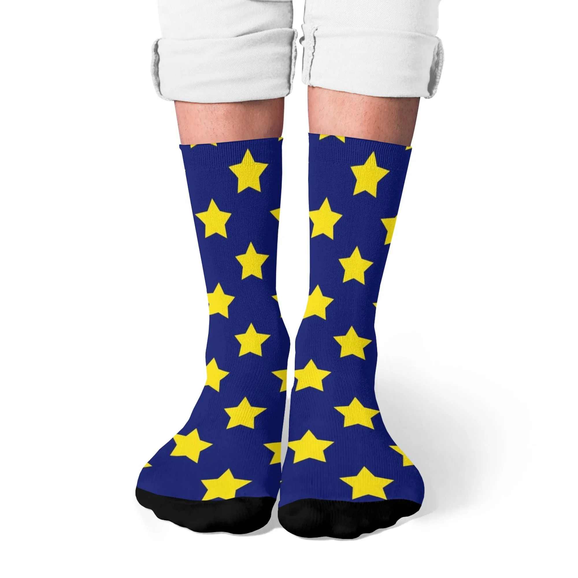 Chaussettes unisexes minimalistes Star Art Crew Trippy Trend Art avec fond bleu étoiles jaunes douces pour un usage quotidien et les amateurs de tendance