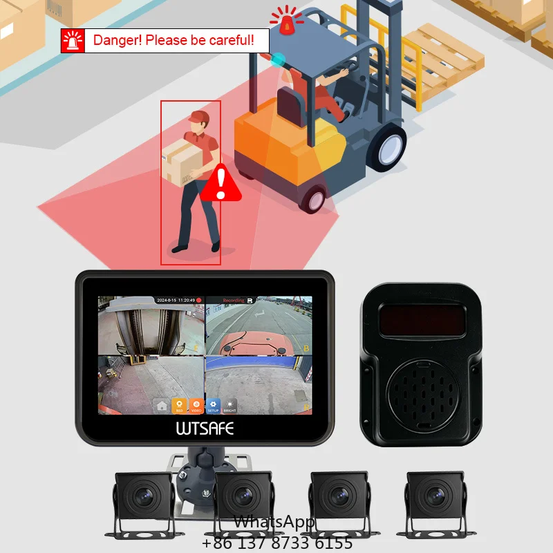 WTSAFE 7'' Waterproof AI Split Screen Monitor Blind Spot Detection Camera System Truck Collision Avoidance Pedestrian Worker