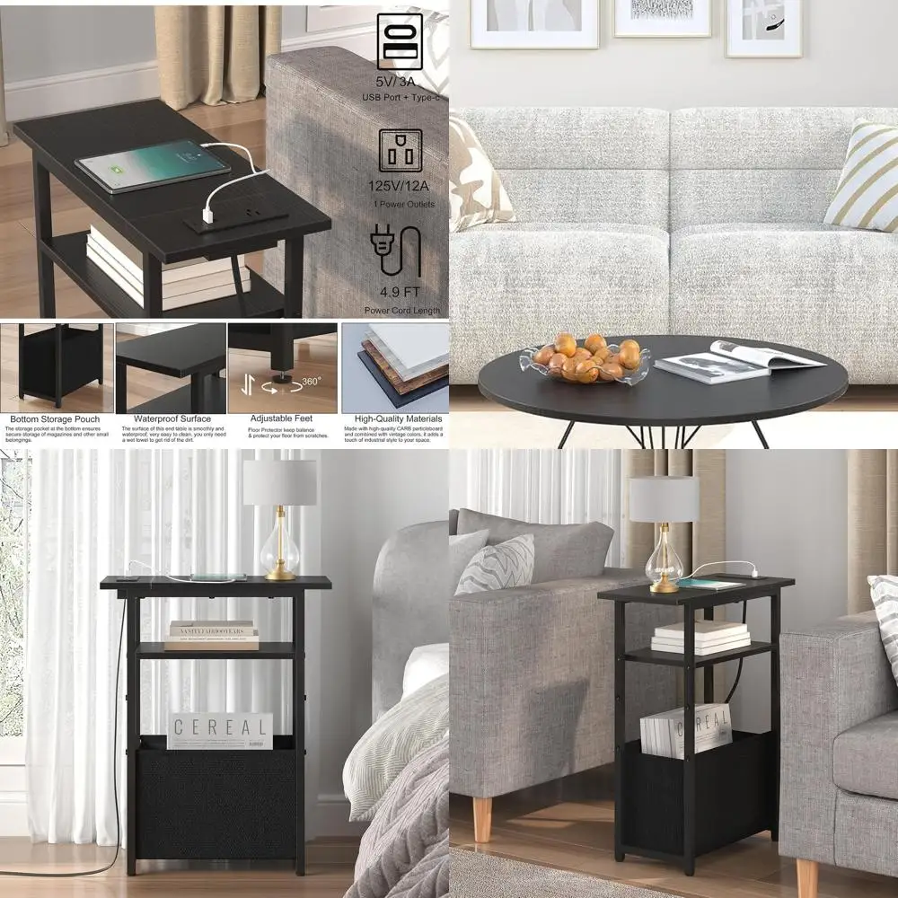 

Pair of Compact Charging Side Tables with Storage, Ideal for Small Spaces, 3-Tier Design for Living & Bedroom, Black