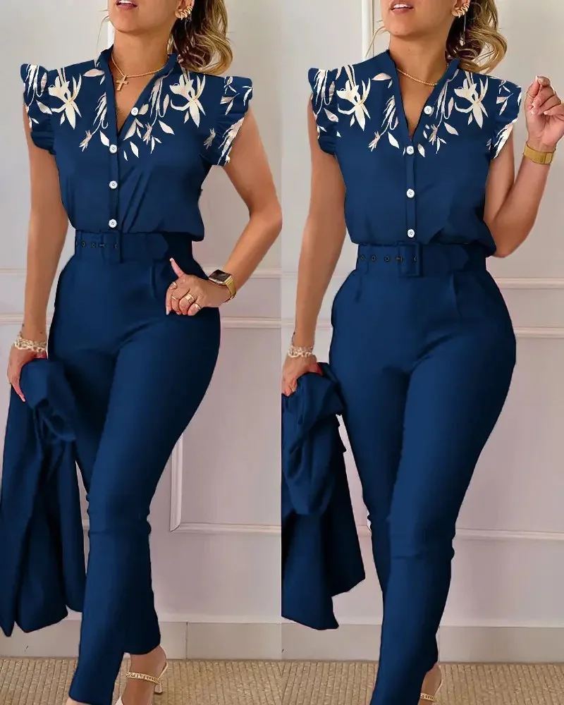 Camicia con bottoni a maniche a foglia di loto stampata alla moda pantaloni solidi a vita alta con cintura elegante Set da due pezzi da donna abiti