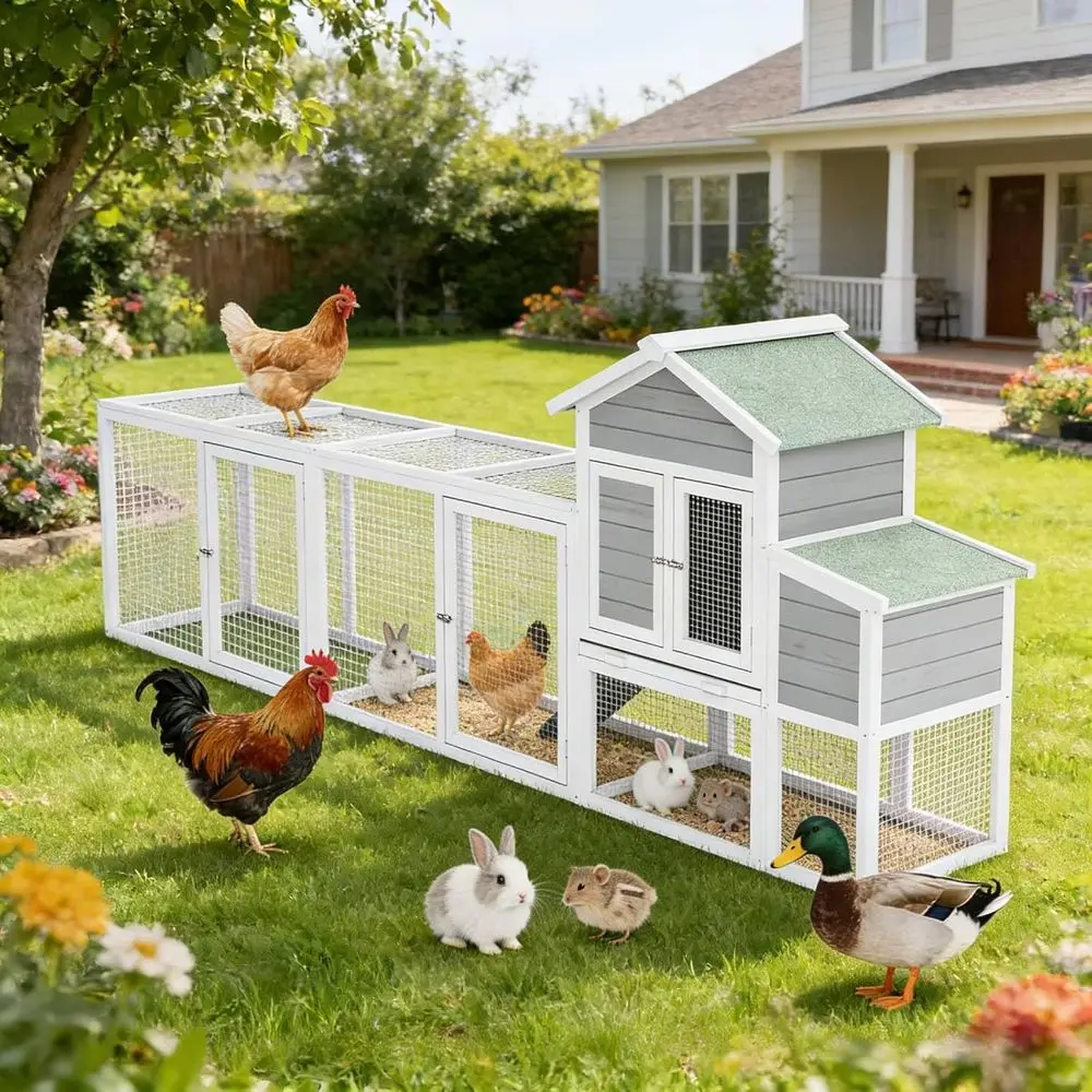 

Premium 6-Door Stainless Steel Chicken Coop with Sloped Roof, Pull-Out Tray, Weatherproof Roof for 5-10 Chickens