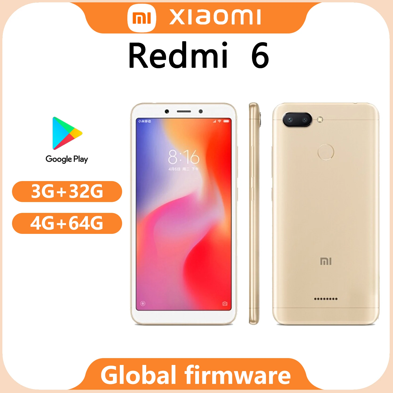 Global firmware Xiaomi Redmi 6 Smartphone 4G 64G Google Play  5.45 