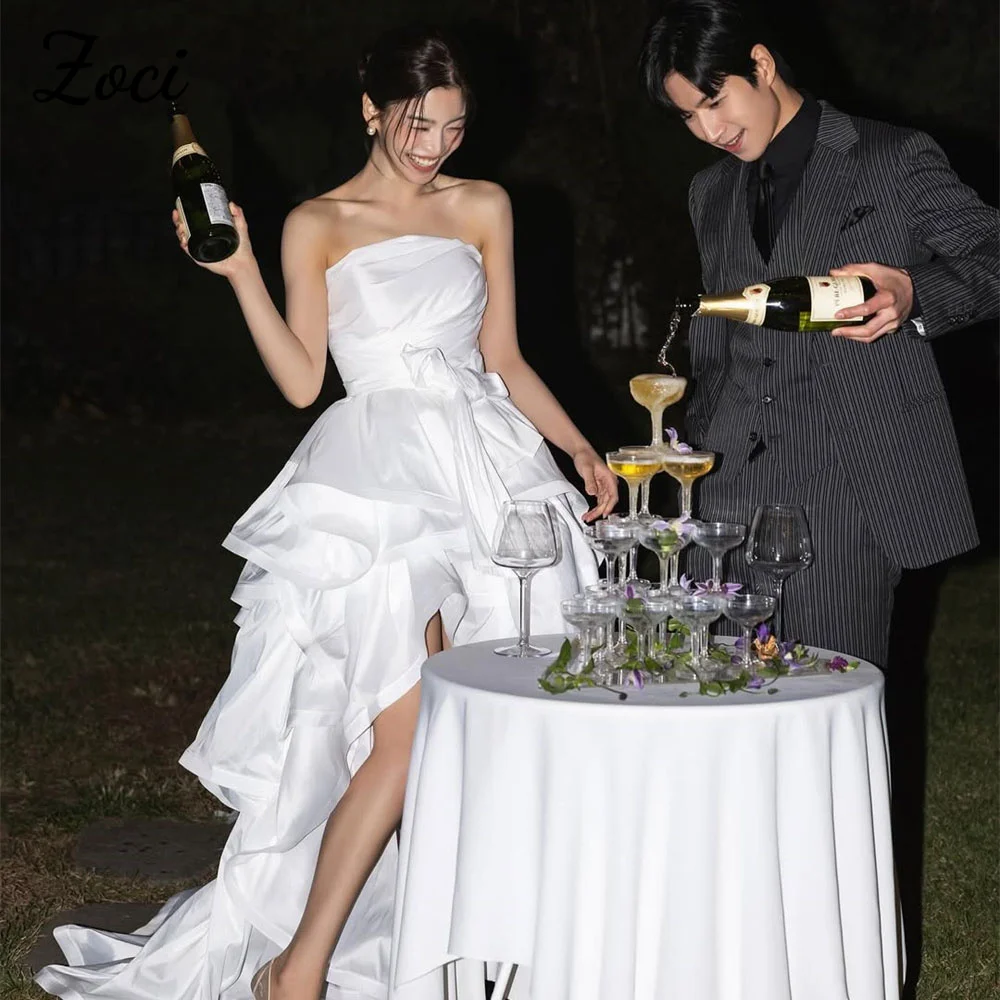 

Zoci Strapless High Low Korea Wedding Dresses Elegant Taffeta A Line Photos Shoot Dress Customized Ruffles Short Bride Gown