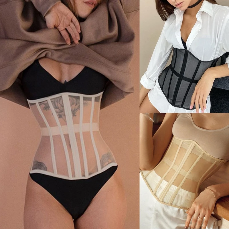 Women Sexy See-Through Mesh Underbust Corset Top Crisscross Lace-Up Bandage Bustier Slimming Waist Belt Cincher Body Shaper