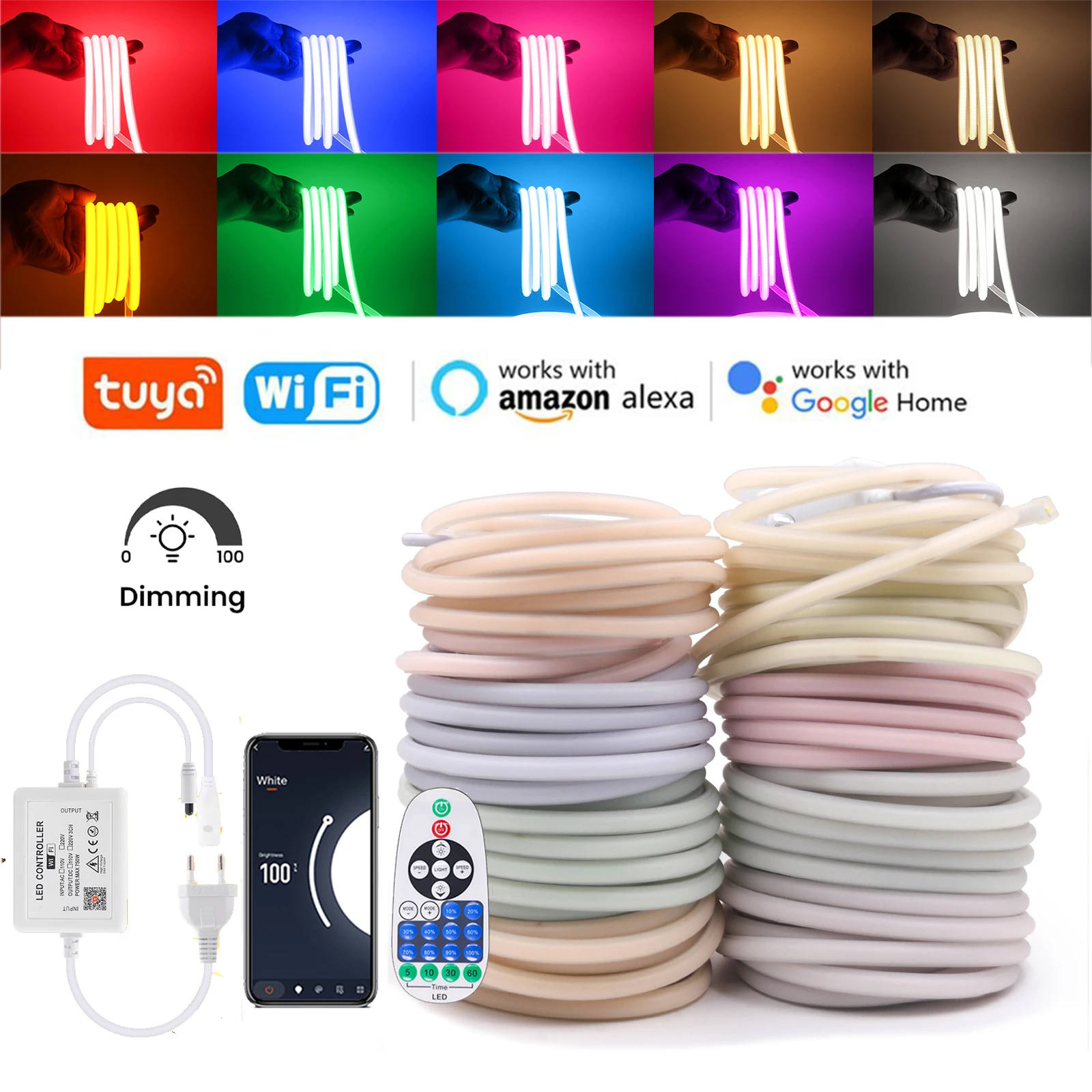 Dimmerable COB Neon Light 220V Waterproof White Red Ice Blue Pink Yellow Purple Green Tuya WIFI Alexa Control Ribbon LED Strip