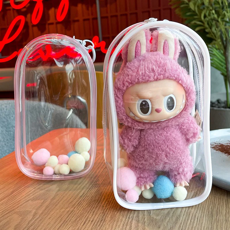 PVC Storage Box with Keychain & Fur Balls For 17cm Labubu & Glue Dolls, Transparent Dustproof Zipper Case for Small Figurines