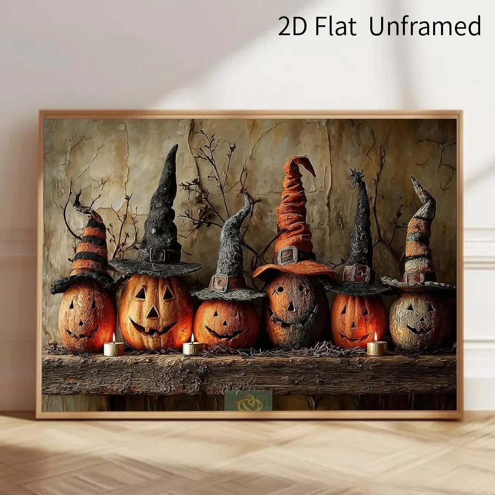 [Halloween] 2D Flat, 1pc 2D Flat Halloween Canvas Painting, Frameless Wall Print with Spooky Witch Hat Carved Pumpkins Candle