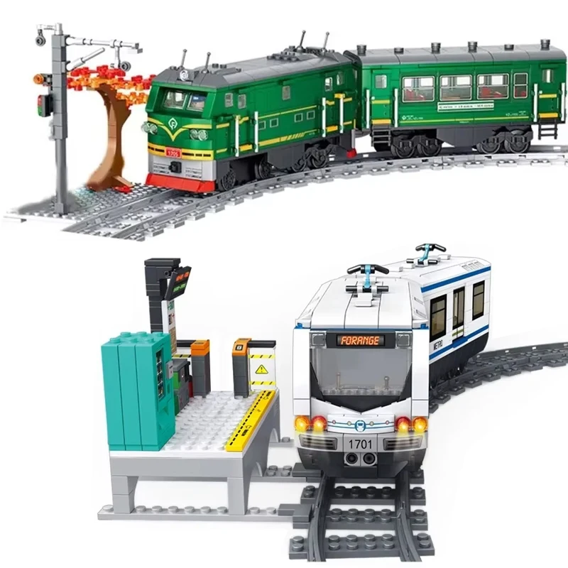 

Electric City Metro Train Building Blocks Kit High-Speed Rail with Tracks & Green Train Cars Bricks Sets DIY kid Trains Toy gift