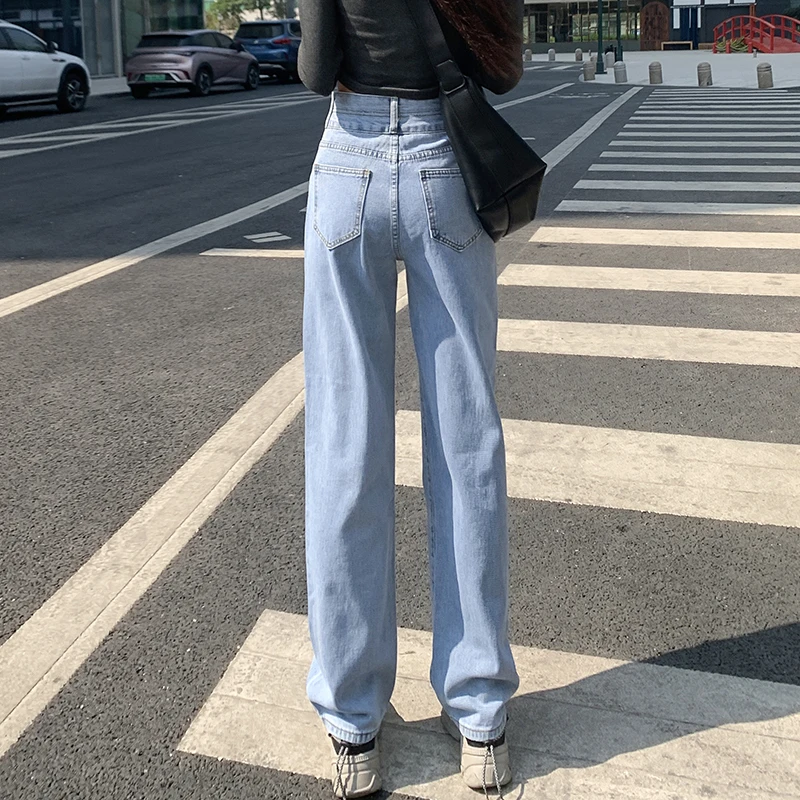 Retro até o chão perna reta duplo breasted jeans para mulher 2025 outono nova cintura alta emagrecimento solto calças de perna larga para wom