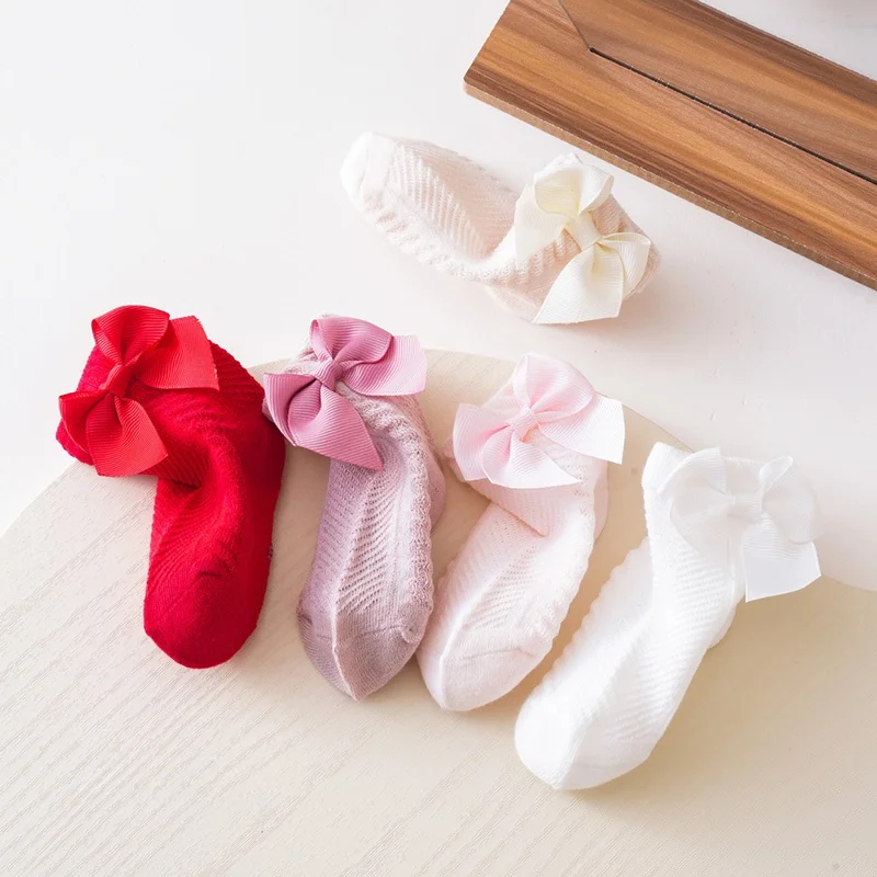 Solid Color Socks with Ribbon Bow-tie for Baby Girls - Non-Skid and Princess Style - Exquisite Craftsmanship - 0-3 T