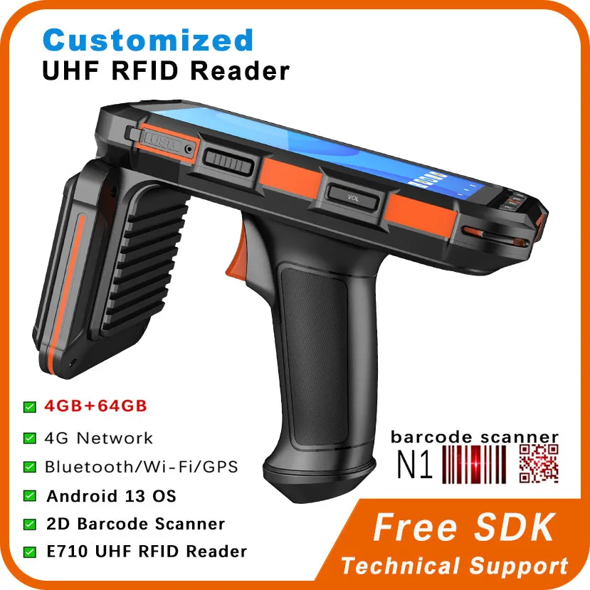 UHF Handheld Rfid Reader Long Range Android 13 Impinj E710 30m Read Distance PDA with 2D Barcode Scanner Wifi Bluetooth GPS 4G
