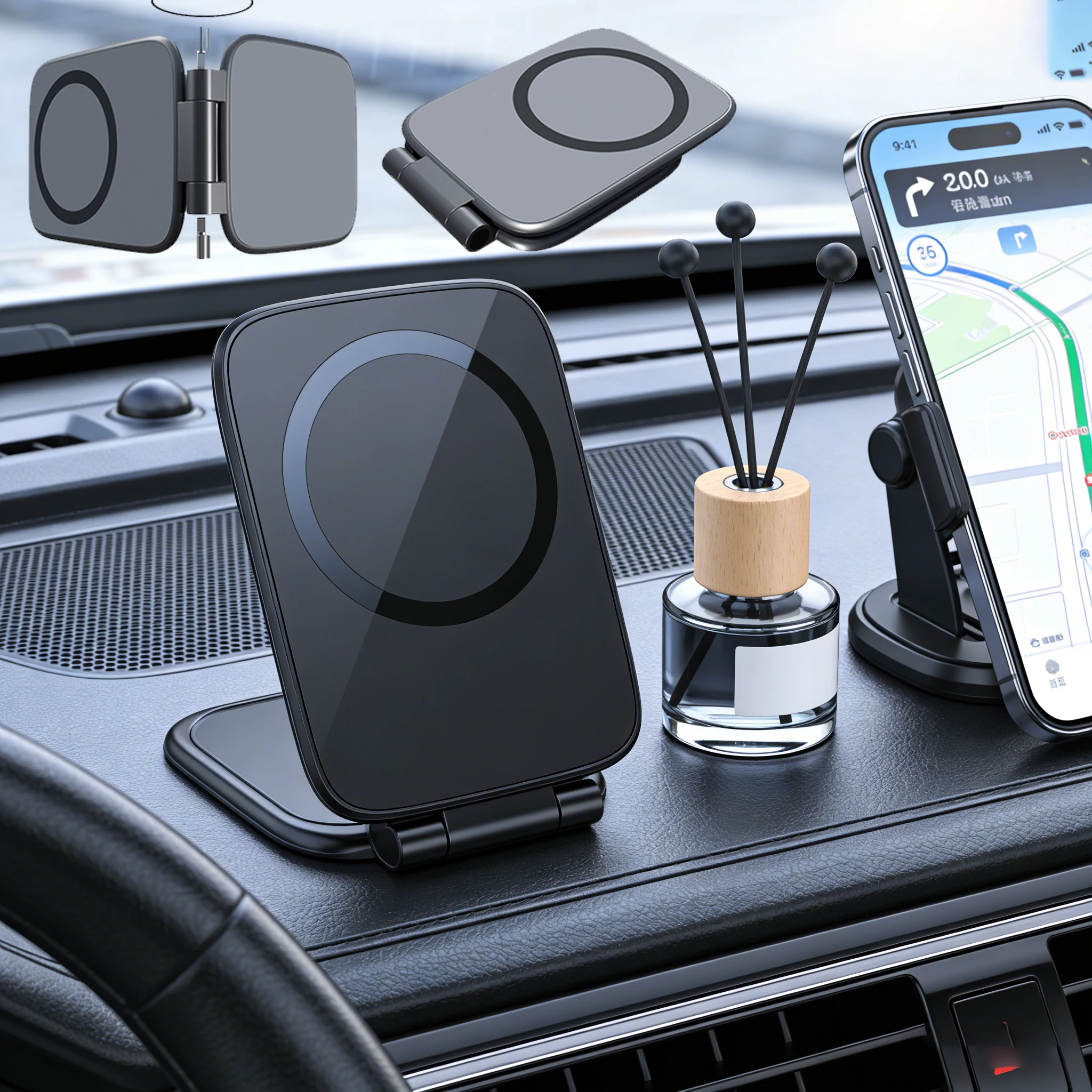 Dual Magnetic Phone Stand Holder Phone Holder Ultrathin Foldable Multi functional Car Phone Holder Adjustable Smartphone Stand