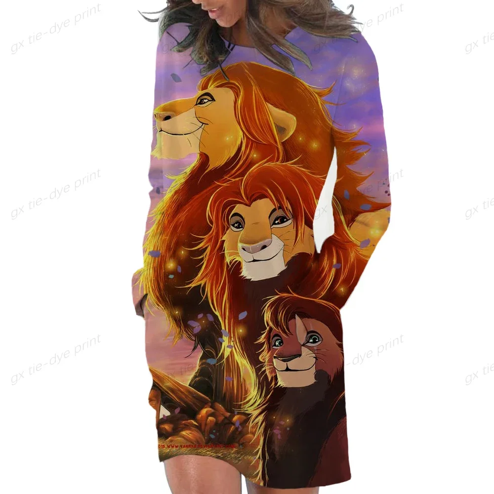 Disney Lion King Print Women\'s Long Sleeve Hooded Pockets Pullover Hoodie Dress Tunic Sweatshirt Sexy hip bag tight hoodie dress