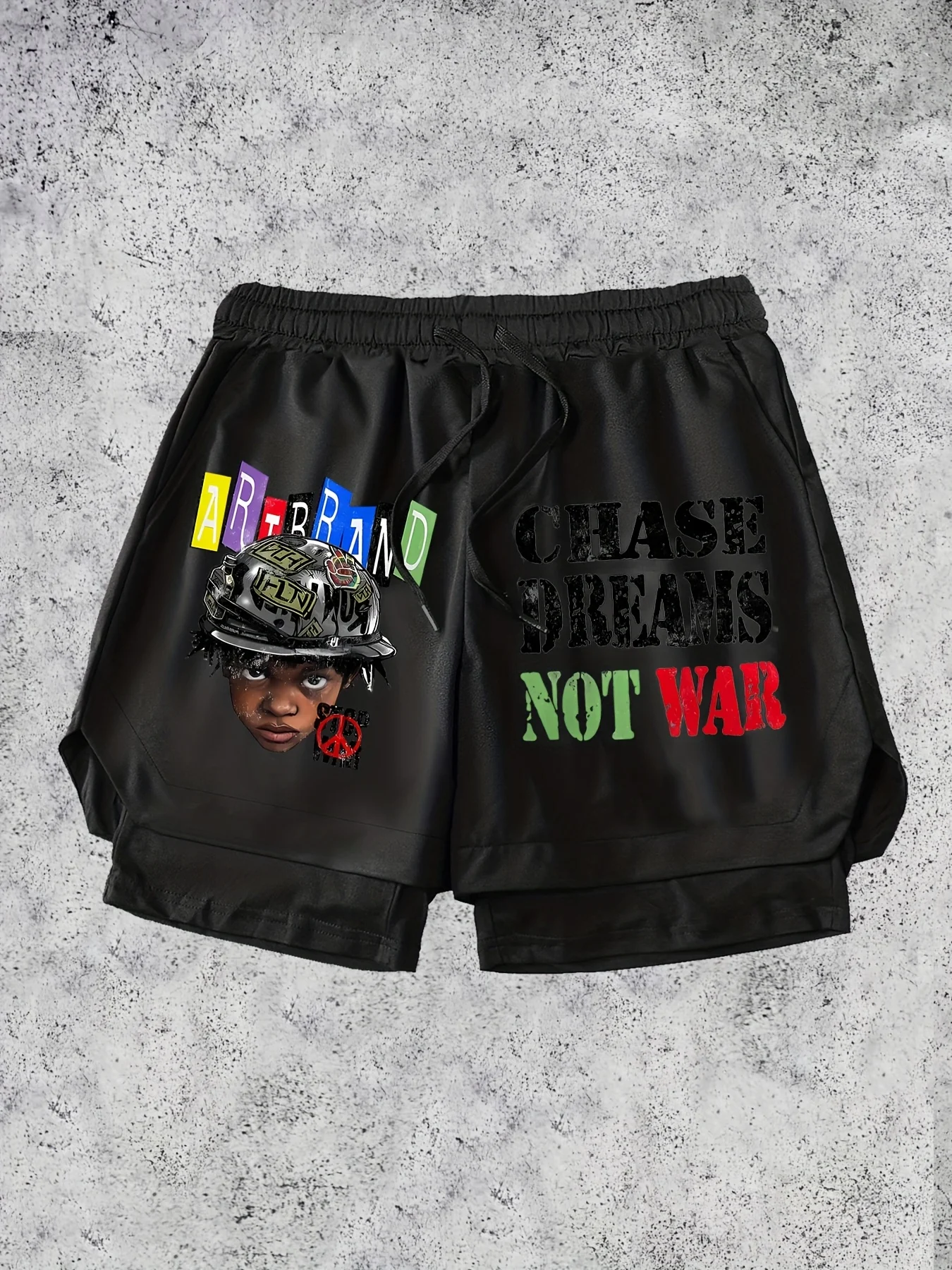 

Character graffiti retro street no war creative prints creative art youth men's sports running shorts printed pattern letters
