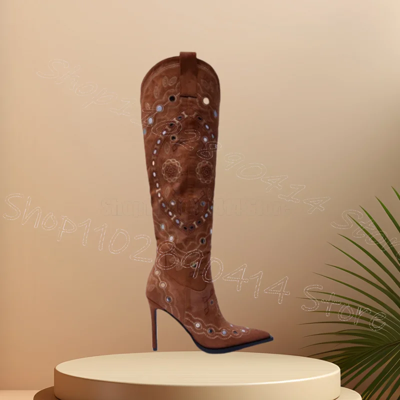 

Brown Sewing Totem Design Suede Pointed Toe Boots Side Zipper Women Shoes Thin High Heels Party Banquet 2025 Zapatos Para Mujere
