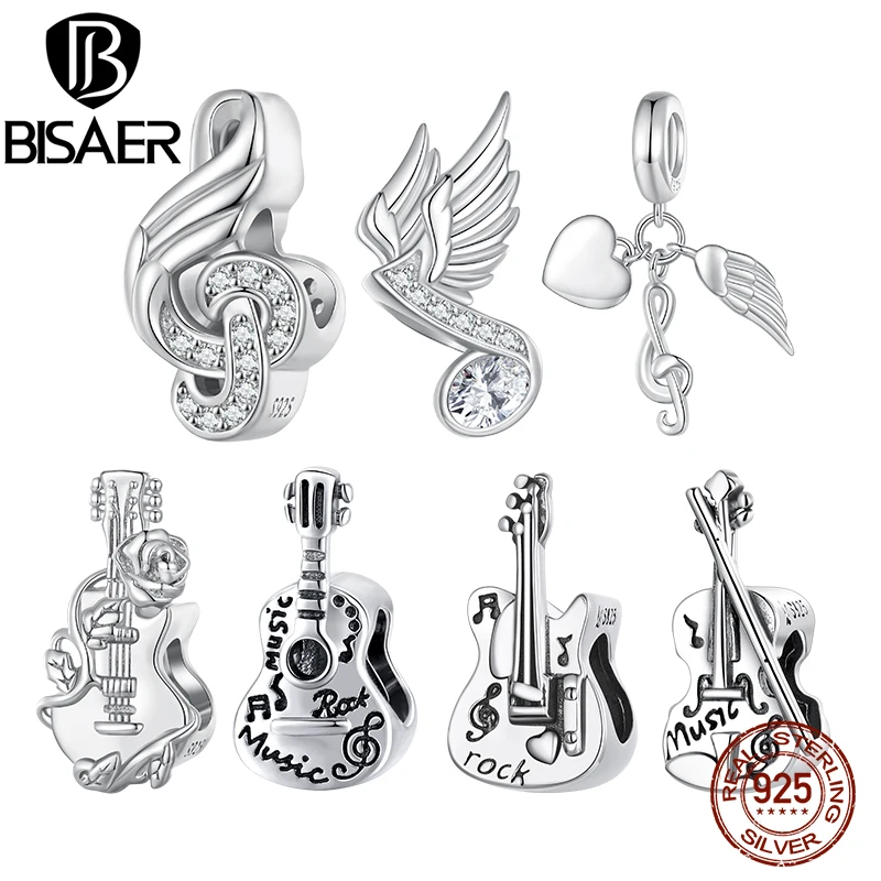 BISAER 925 Sterling Silver Guitar Charm Bead Vintage Musical Note Pendant Plated Platinum Fit Woman Bracelet Necklace Jewelry