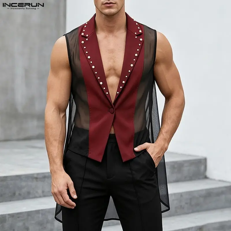 INCERUN Men's Blazer Mesh Patchwork Lapel Sleeveless One Button Male Suit Streetwear See Through Fashion Casual Party Tops Coats