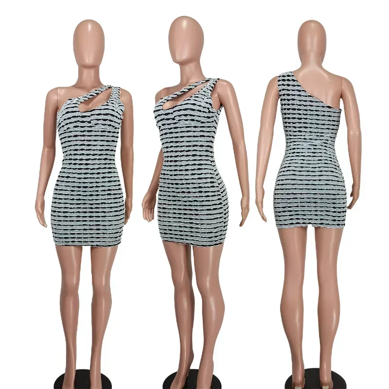 GUWU Een Schouder Uitsparing Mouwloze Gestreepte Midi Bodycon Mini Jurk Vrouwen Sexy Vestidos Mode Avondjurken