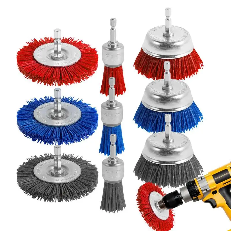 

Abrasive Wire Brush Wheel Wire Bristle Nylon Filament Cup Brush Versatile Abrasive Brushes 1/4 Inch Hex Shank 9-Piece Set For