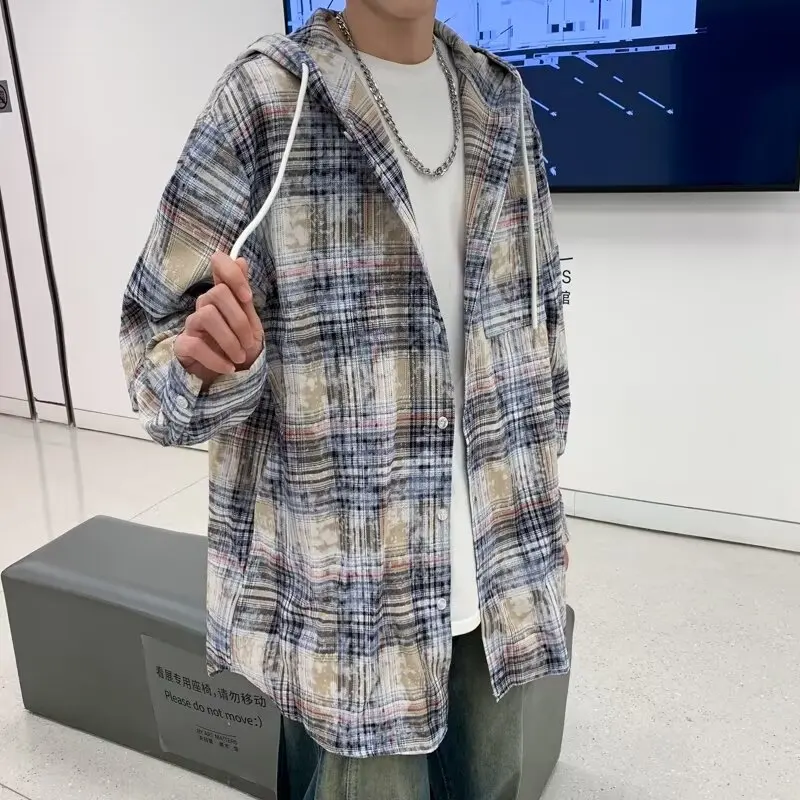 Spring New Vintage Men's Loose Long Sleeved Shirt Tops Korean Fashion Harajuku Tie Dyed Plaid Hooded Shirt Coat Y2K Streetwear
