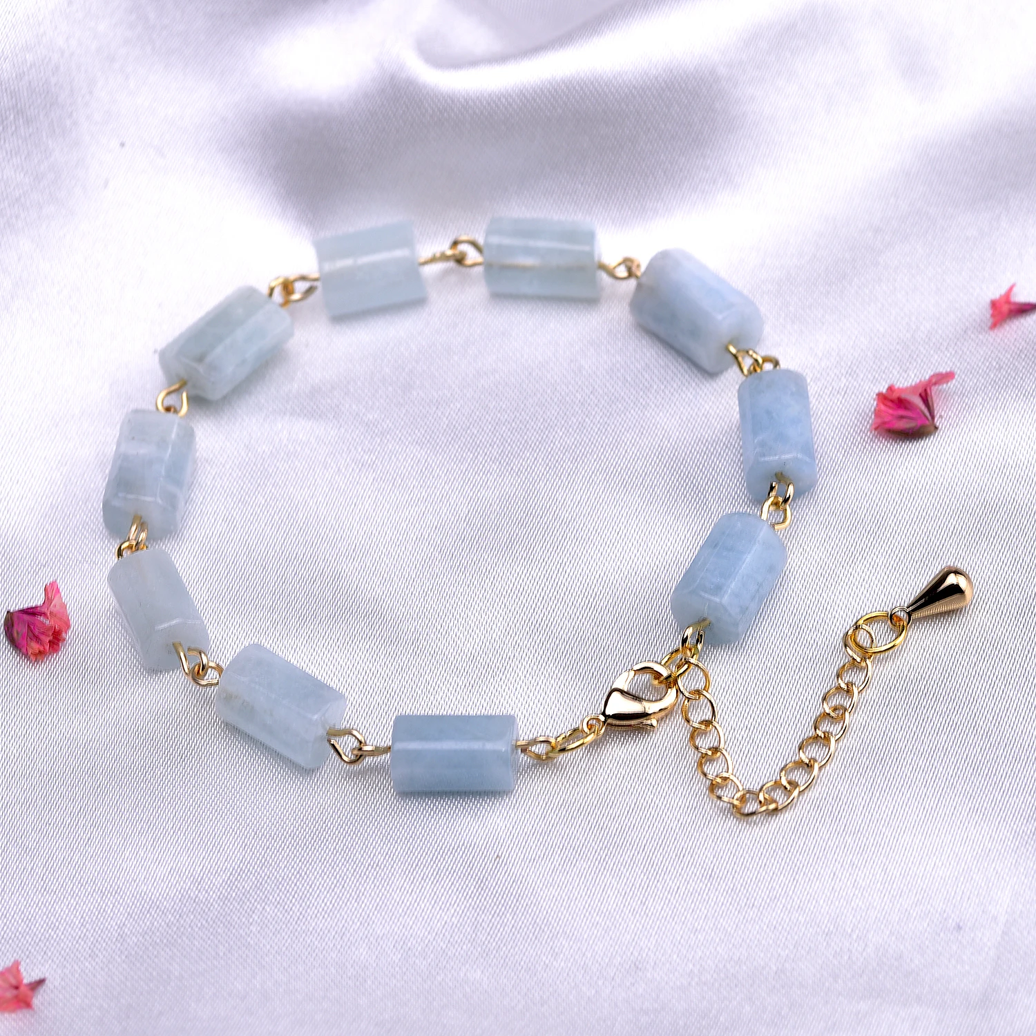 Natural Stone Cylindrica Blue Aquamarine Gold Color Chain Chakra Bracelets for Women Handmade Healthy Trendy Jewelry