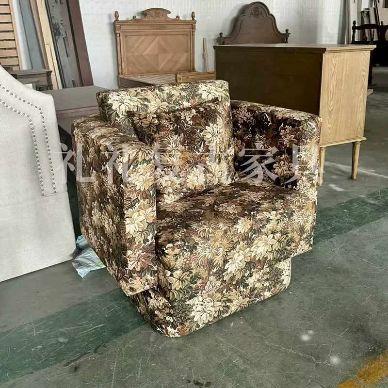 American Retro Solid Wood Sofa Chair Household Balcony Leisure Single Chair Pastoral Printed Armchair