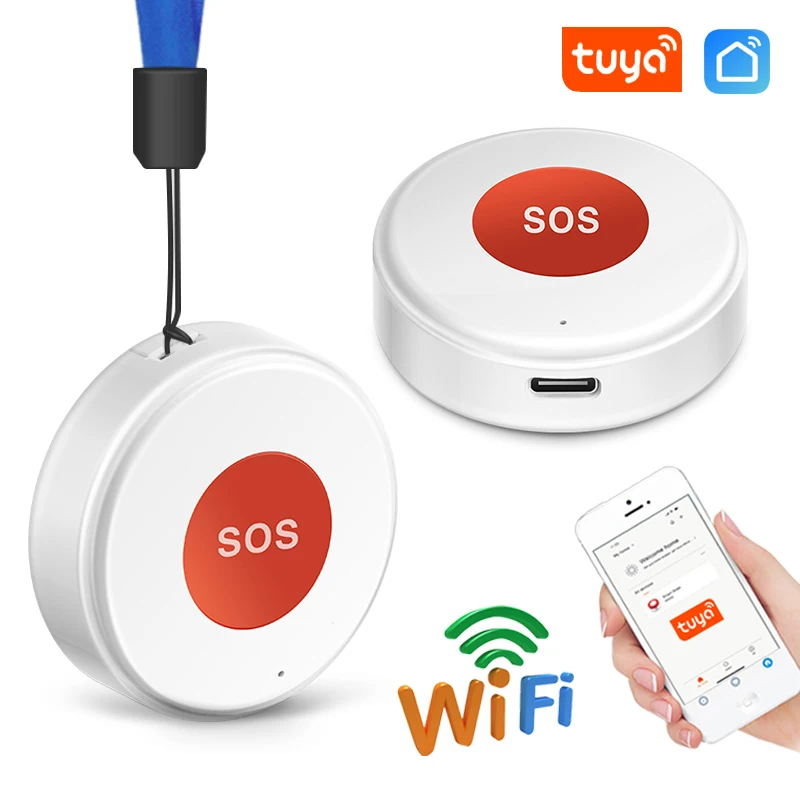 Tuya WiFi SOS Panic Call Button Smart Life APP Rechargeable Battery One Key Alarm For Patient Kids Elderly Man Hanging Rope