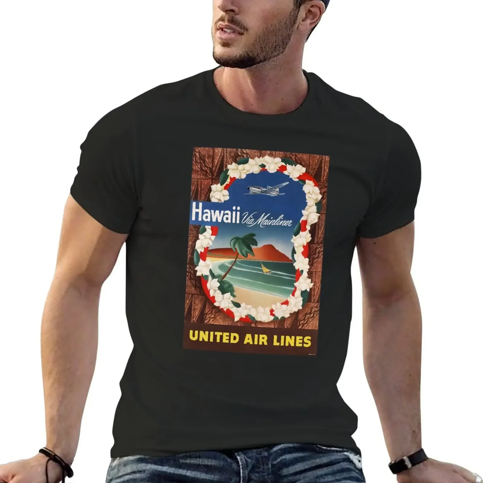 

1950 HAWAII Via Mainliner United Airlines Travel Poster T-Shirt Blouse tops custom shirt graphic t shirt vintage Men's t-shirt