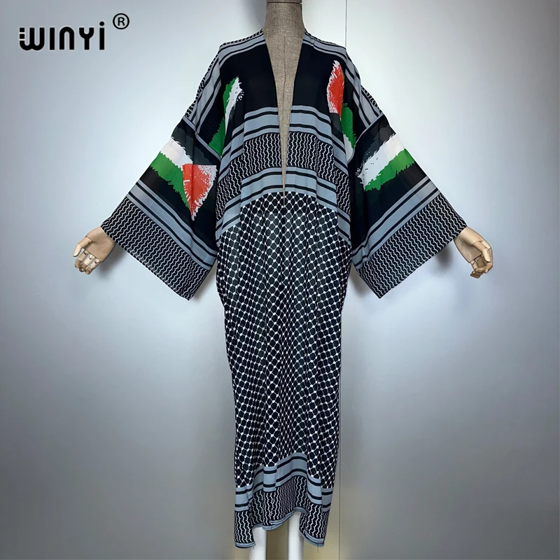 

WINYI tradition print Kimono muslim woman dresses Cardigans beach outfits kaftan cover up evening dress abaya dubai luxury