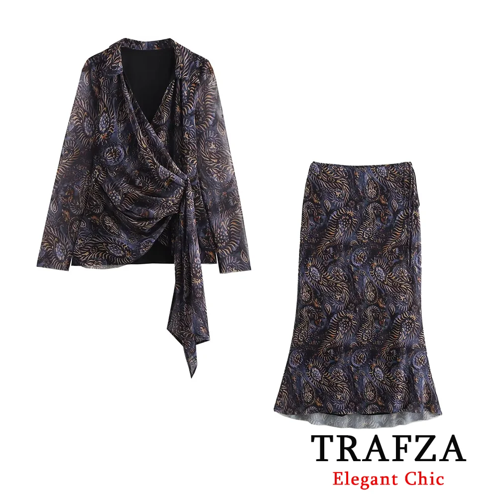 

TRAFZA Women Fashion Tulle Printed Skirt Set Long-sleeved Tops Shirt+Skirt 2 Pieces Set New Spring Summer Elegant Bohemian Set
