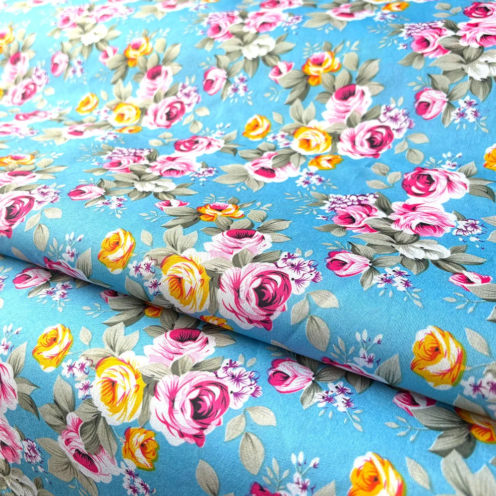 Polyester Rose Flower Printed Pattern Fabric For Sewing Dress Skirts Doll Clothes DIY Crafts Tablecloth Kitchen Apron Materials