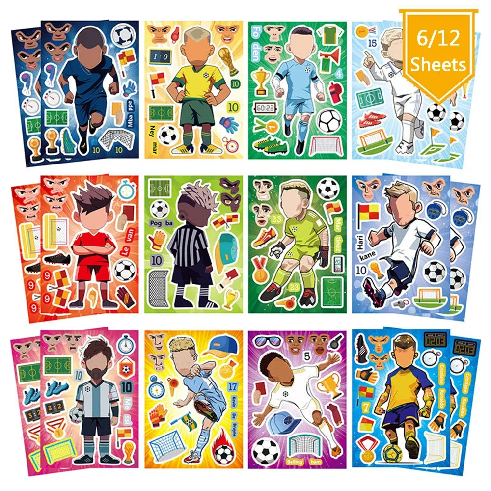 

Набор из 8/16 листов: Наклейки-пазлы «Собери лицо» с футбольной тематикой, мультяшные стикеры DIY Ryder Chase, развивающая игрушка-головоломка для детей, мальчиков, подарок для вечеринки