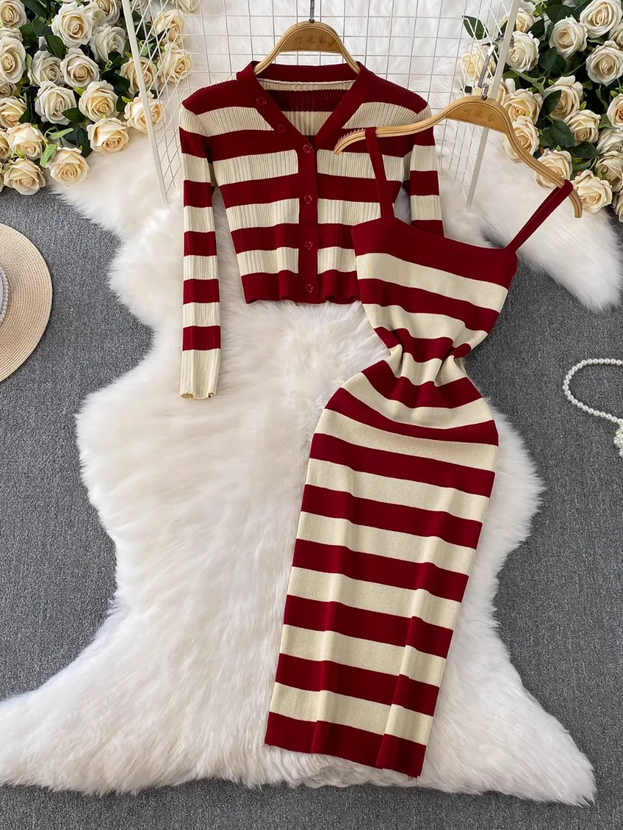 

Foamlina Short Knit Striped Cardigan Women Fashion Single Breasted V-Neck High Waist Slim Fit Bodycon Knit Dress 2 Piece Set