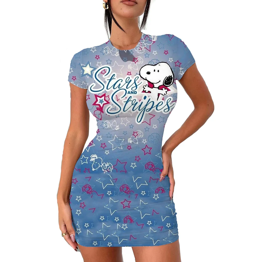 

Snoopy Printed ladies dresses evening dress Bodycon Dresses for Women Short Sleeve Slim Bodycon Dress Casual Pencil Dress ﻿