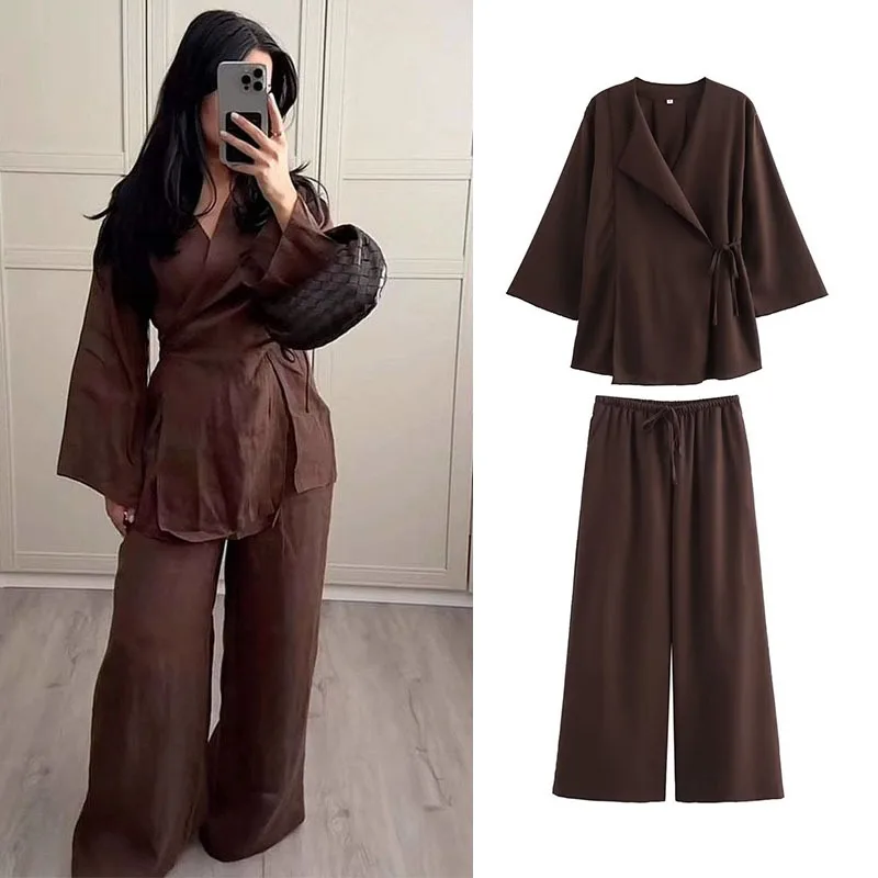 

Женские модные комплекты из двух предметов, весенне-летние рубашки на шнуровке + широкие брюки, повседневная одежда, однотонная женская элегантная одежда, костюмы