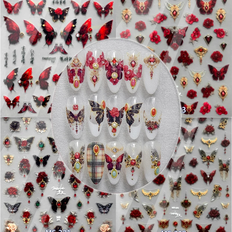 1 Sheet 3D Realistic Thin Mystical Blood Red Wing Gem Heart Dark Butterfly Adhesive Nail Art Stickers Decals Manicure Charms