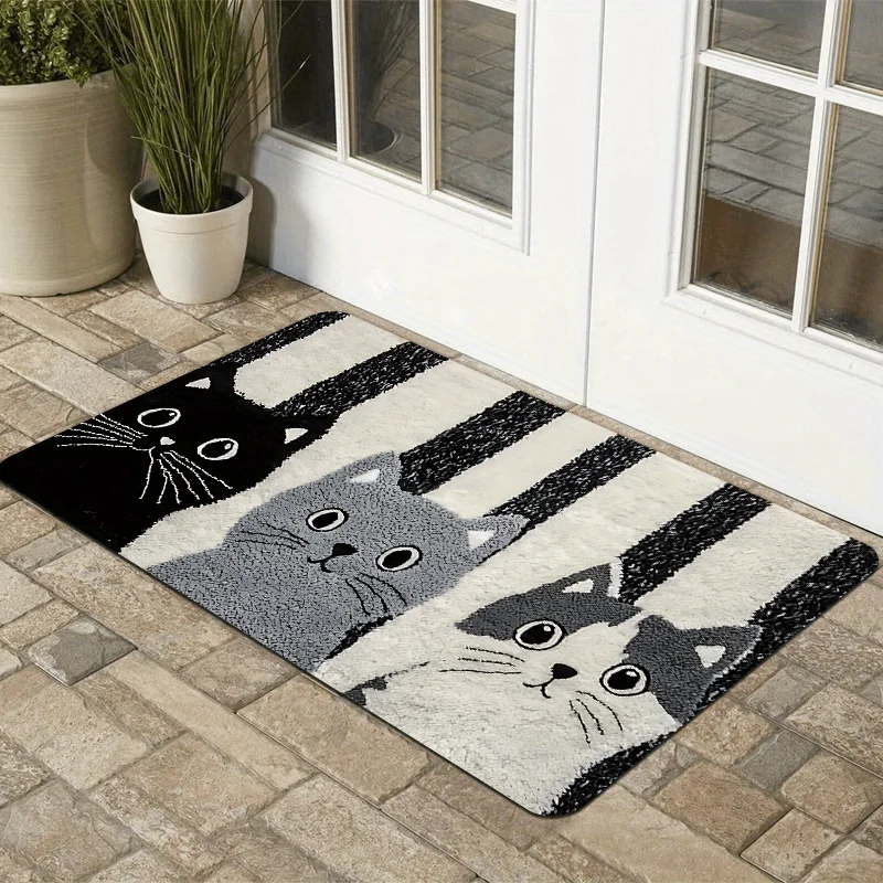 VIKAMA Minimalist Black-and-White Striped Kitten Rug, Non-Slip Indoor/Outdoor Entryway Mat, Bathroom Door Mat, Home Decor