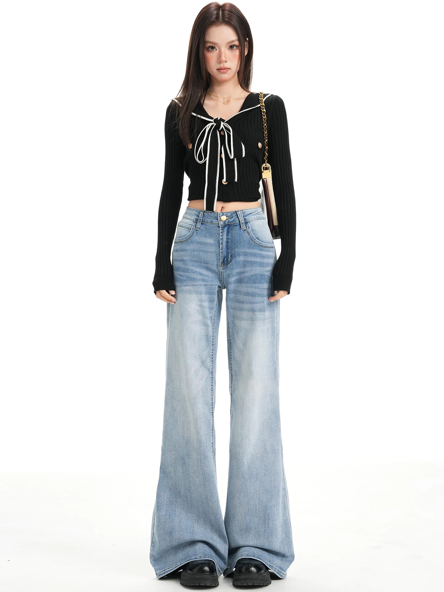 

Low Waist Bell Bottom Denim Jeans Women's Small Size Ice Blue American Retro Casual Pants Cotton Polyester Blend Wear Resistant