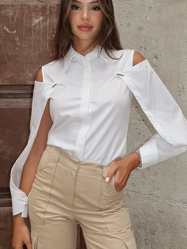 

Women's White Detachable Sleeve Shirt 2025 New Y2K Fashion Shoulder Cut-Out Blouse with Structured Fabric for French Chic Look