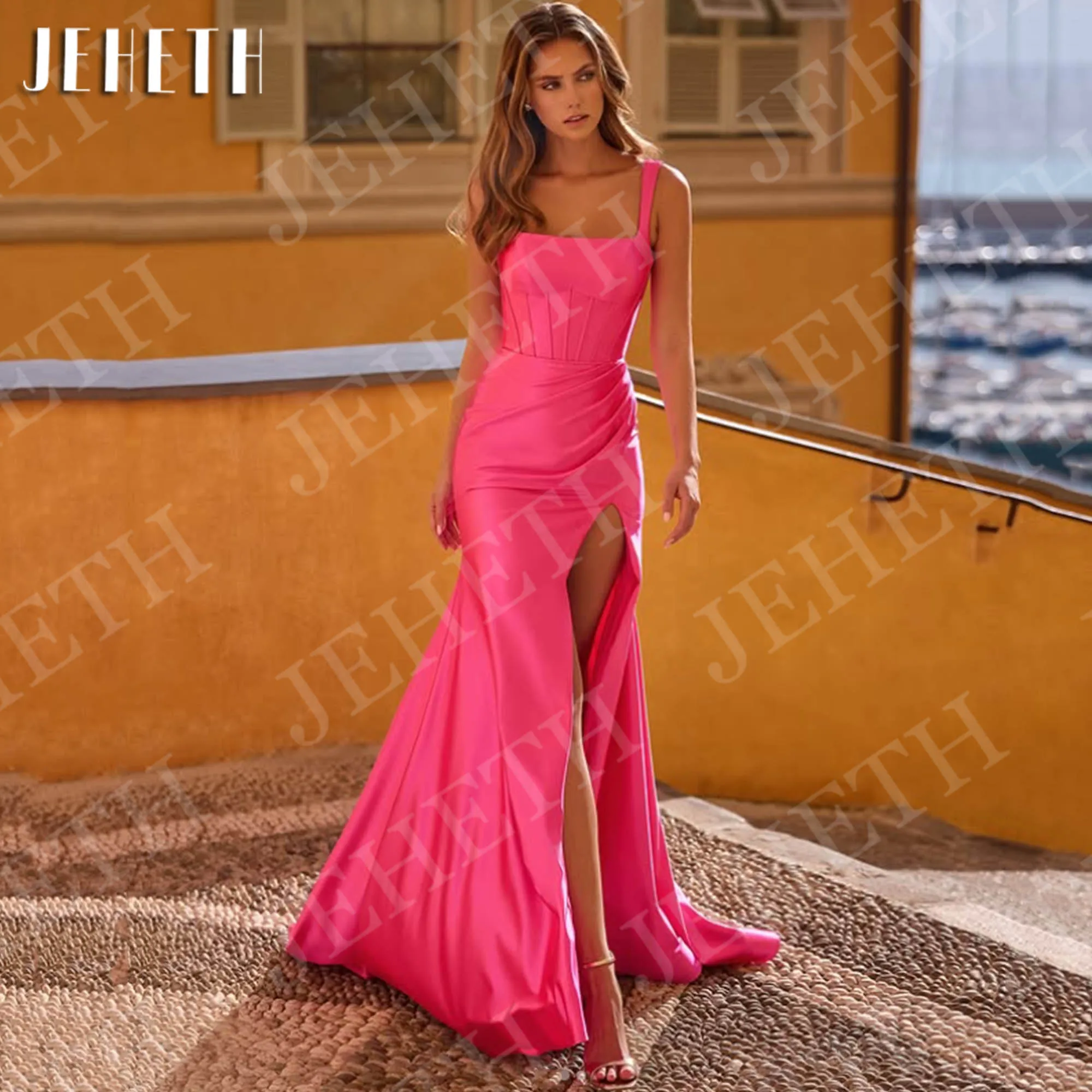 JEHETH Sexy Mermaid Evening Dress Customized Hot Pink Square Neck High Slit Satin Formal Events Party Dresses Robe De Soirée