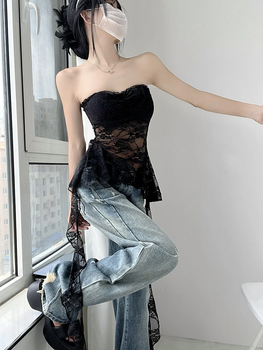 Pure Desire Spicy Girl Lace Strap Crop Top Women Irregular Sash Slimming Heart Trick Spicy Girl Lace Tube Top