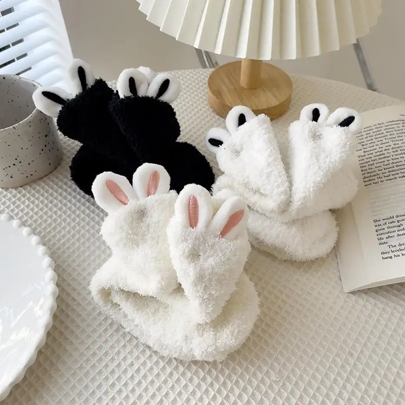 Women's Cartoon Cute Soft Three-dimensional Cute Rabbit Ears Coral Velvet Mid-tube Winter Lolita Home Warm Sleeping Sock 1 Pair