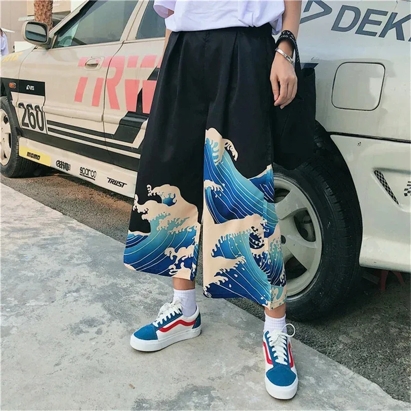 2026 ropa de calle estilo japonés Harajuku pantalones anchos de gran tamaño pantalones de mujer con estampado de ondas Hip Hop