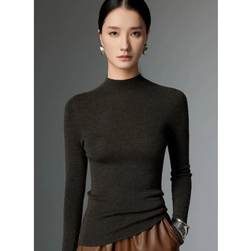 

Slimming Effect Knitted Wool Blend Women's Sweater Half High Collar Full Sleeve Solid Color Base Layer Autumn Winter New Style