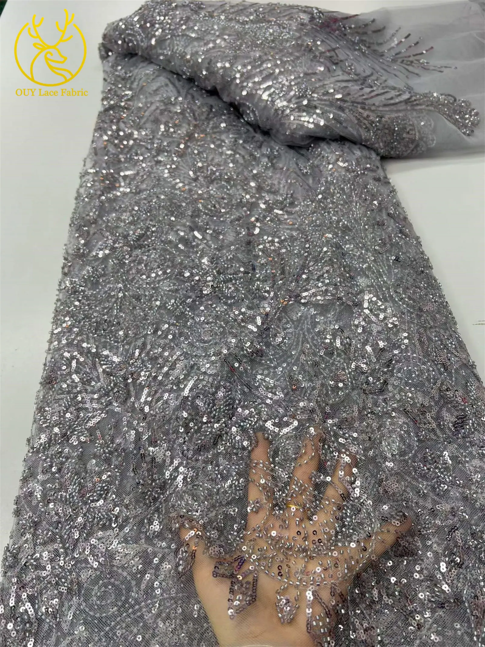 Grüner eleganter afrikanischer Perlen-Pailletten-Spitzenstoff, 5 Yards, hochwertige nigerianische Mesh-Tüllspitze für Damen, Abschlussball, Partykleid, Nähen – Detail 17