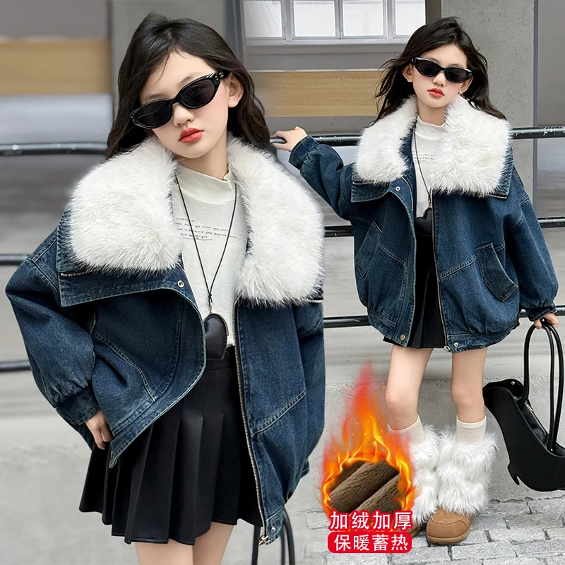

Trendy Deep Blue Denim Jacket Warm Faux Fur Collar Cuffs Zip Closure Middle Long Jackets Girls Autumn Winter Chic Casual Coats
