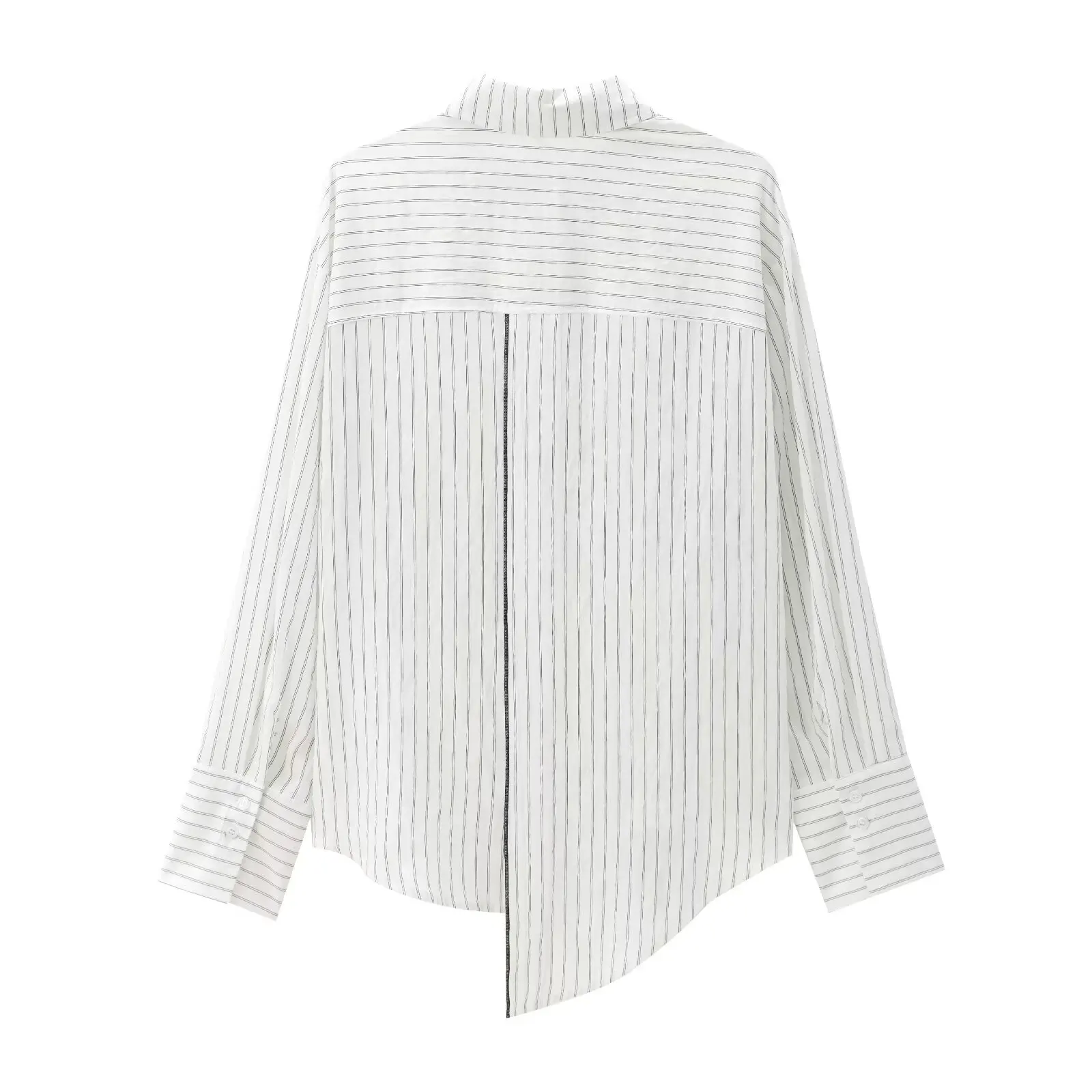 Women's 2024 New Fashion Temperament Joker Striped Asymmetric Hem Blouses Retro Long-sleeved Button Blouses Chic Tops.