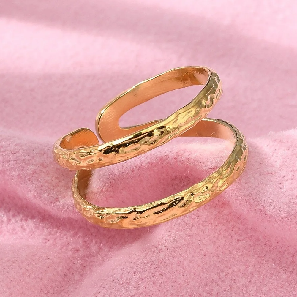 Ion Plating(IP) 304 Stainless Steel Double Line Open Cuff Ring for Women Nickel Free Real 18K Gold Plated Size 8(18.1mm) view 3